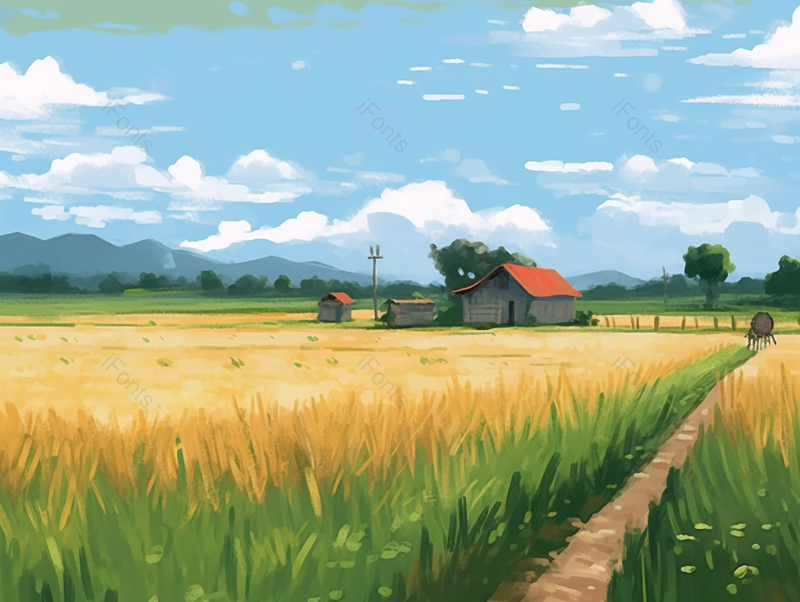 手绘插画夏季夏天小满时节蓝天白云下乡村田园田野田地稻田小麦麦穗禾稻谷物丰收的画面,插画/手绘图,插画/手绘图库,插画/手绘图下载,插画/手绘